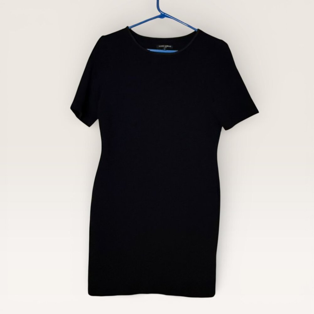 Mario Serrani Italy Solid BLACK Textured Striped Midi Short Sleeved Dress size S